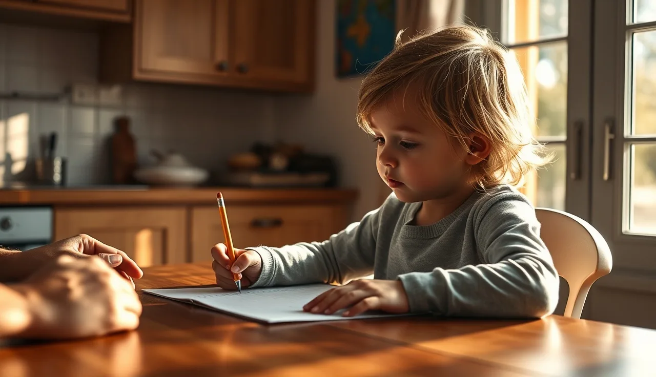 Child with pencil looking at paper at kitchen table, parent nearby