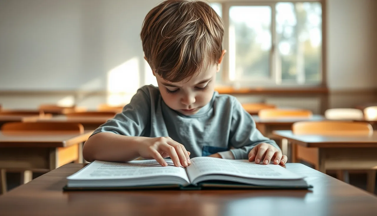 Young child sitting alone at a school desk struggling to read a workbook