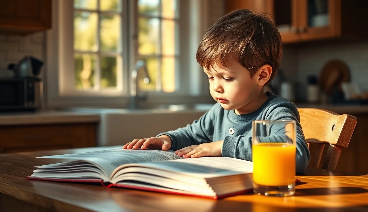 Young child studying an open book at a kitchen table in morning light
