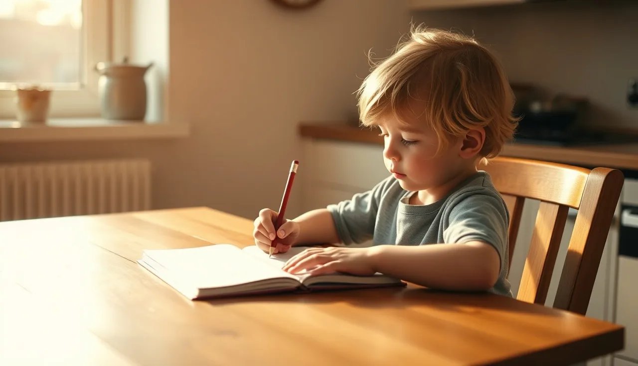 Child with pencil pausing over notebook at kitchen table in morning light