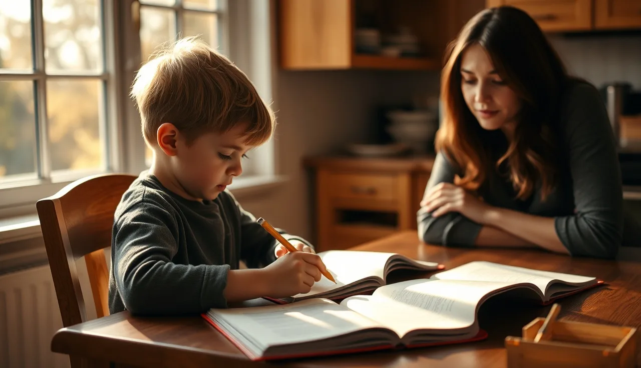 Child concentrating on schoolwork at kitchen table with parent nearby