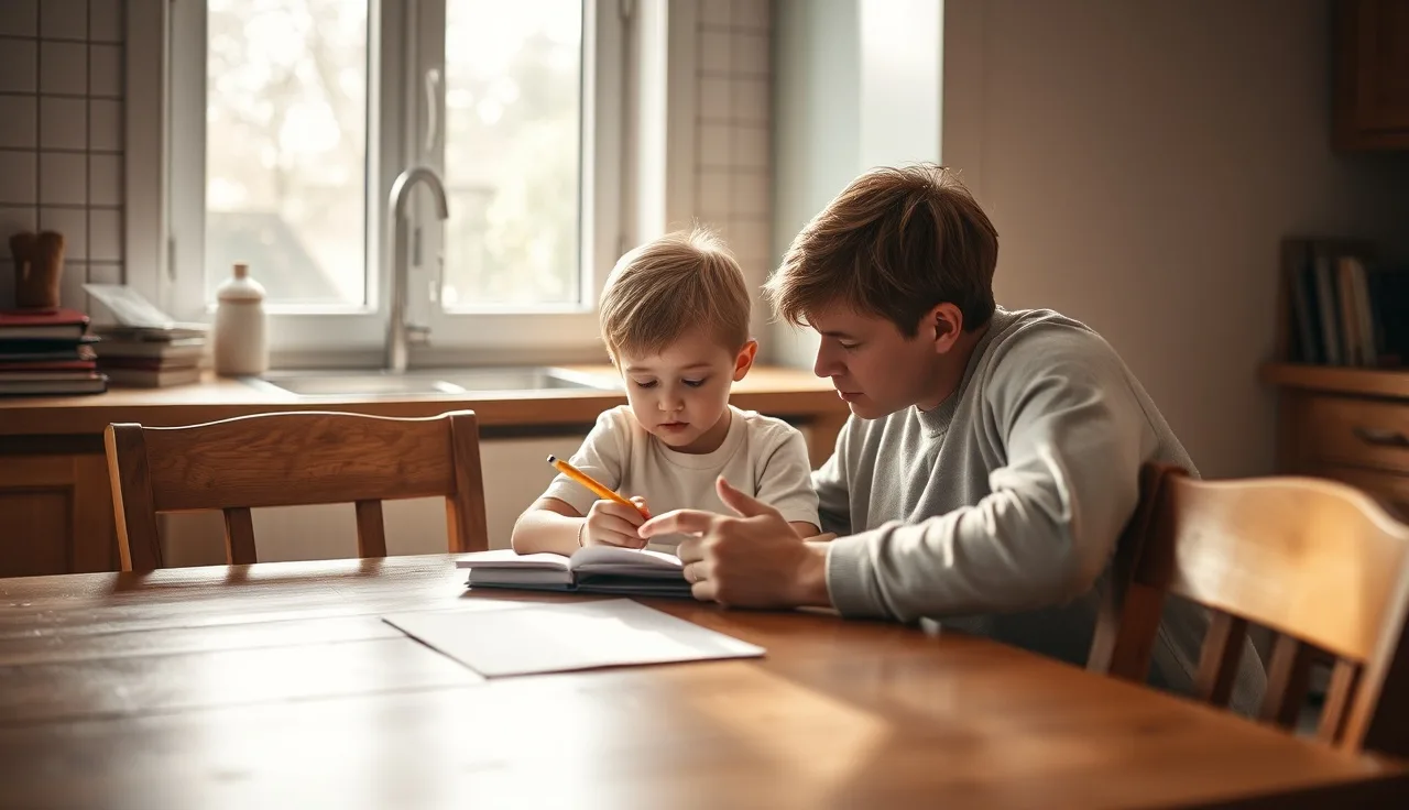 Child and parent working together on math at a kitchen table in morning light