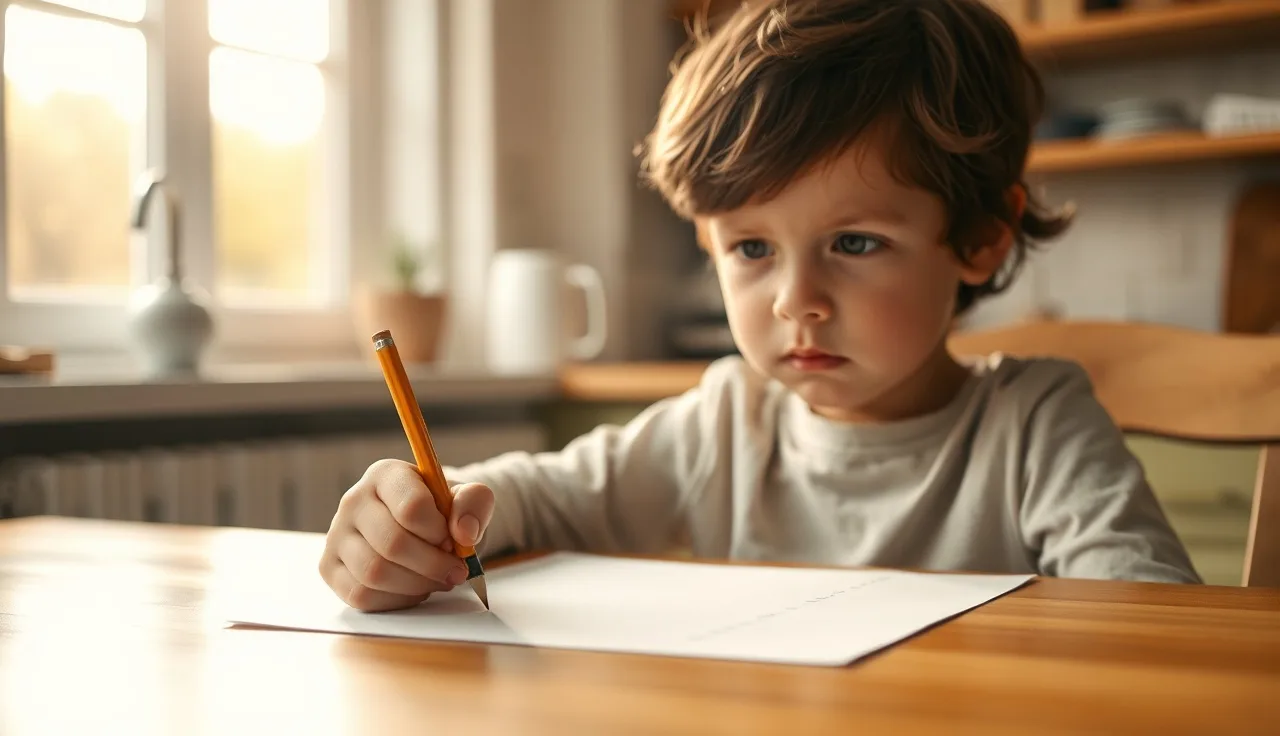 Child gripping pencil tightly over blank paper at kitchen table, morning light