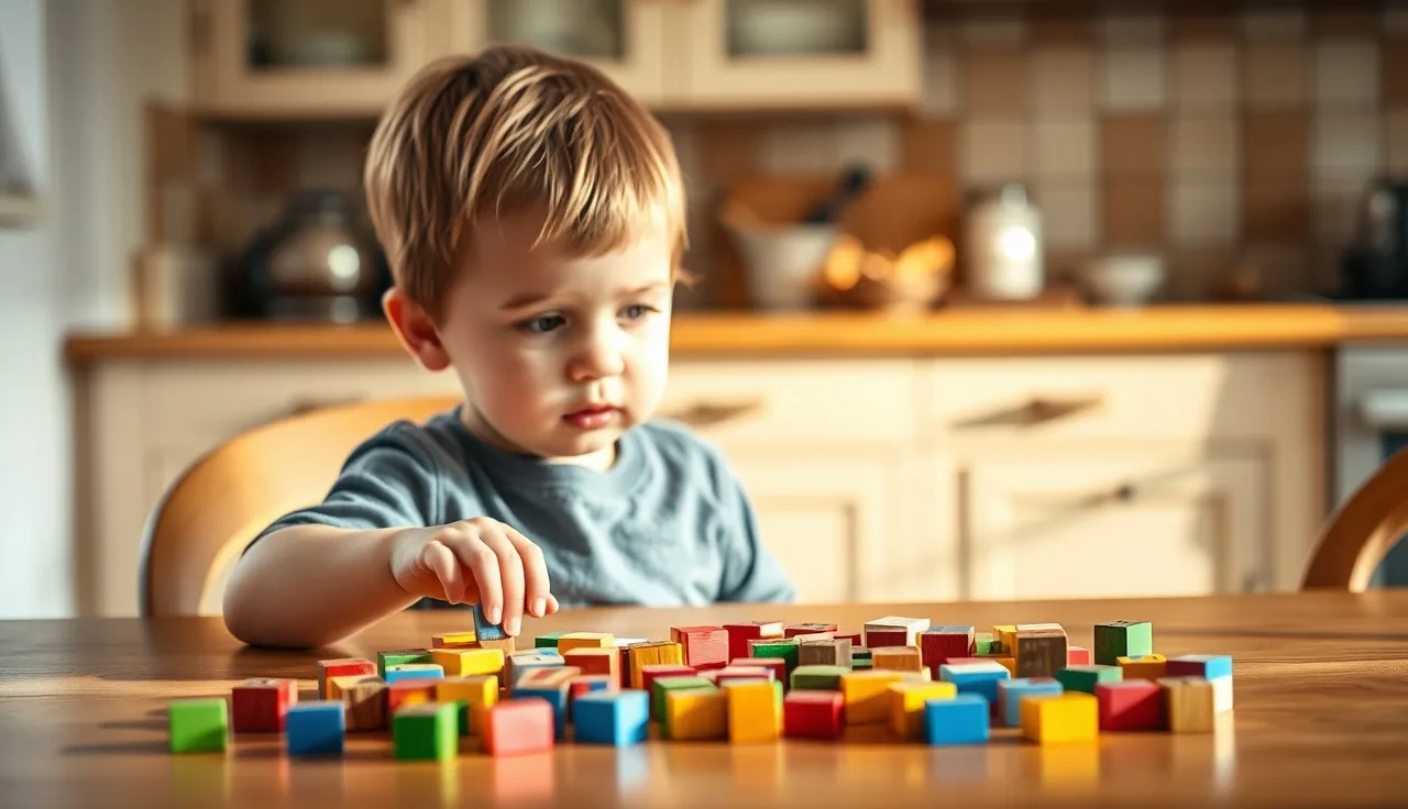 Young child examining colorful counting blocks at a kitchen table, representing dyscalculia