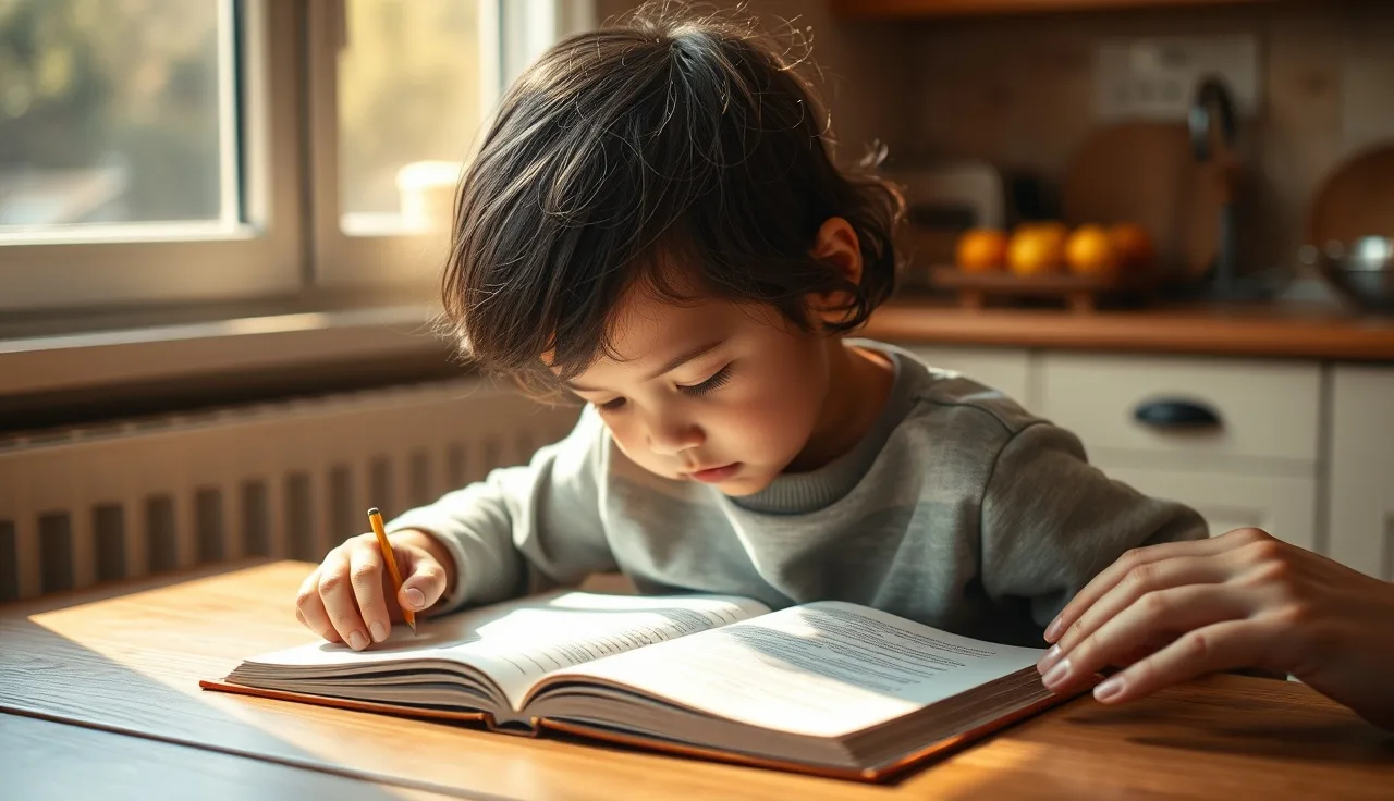 Child reading slowly at kitchen table with adult nearby offering support