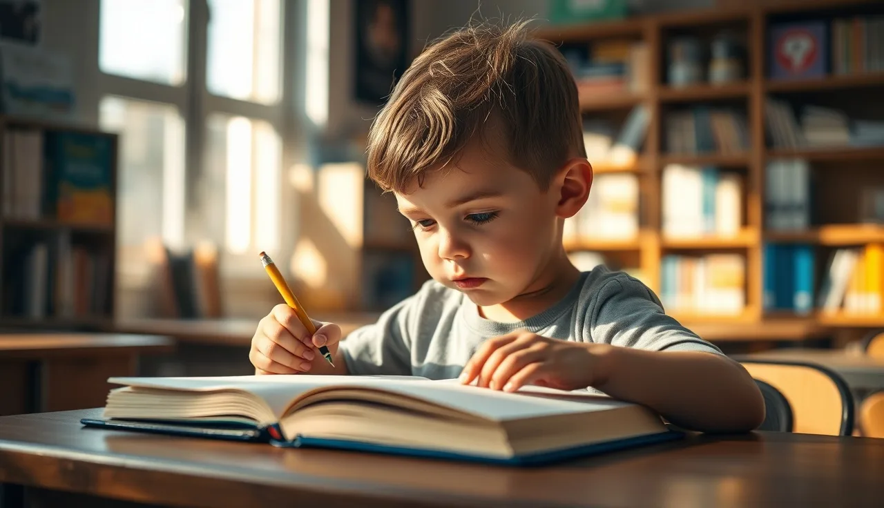 Young child concentrating over a notebook at a school desk, afternoon light