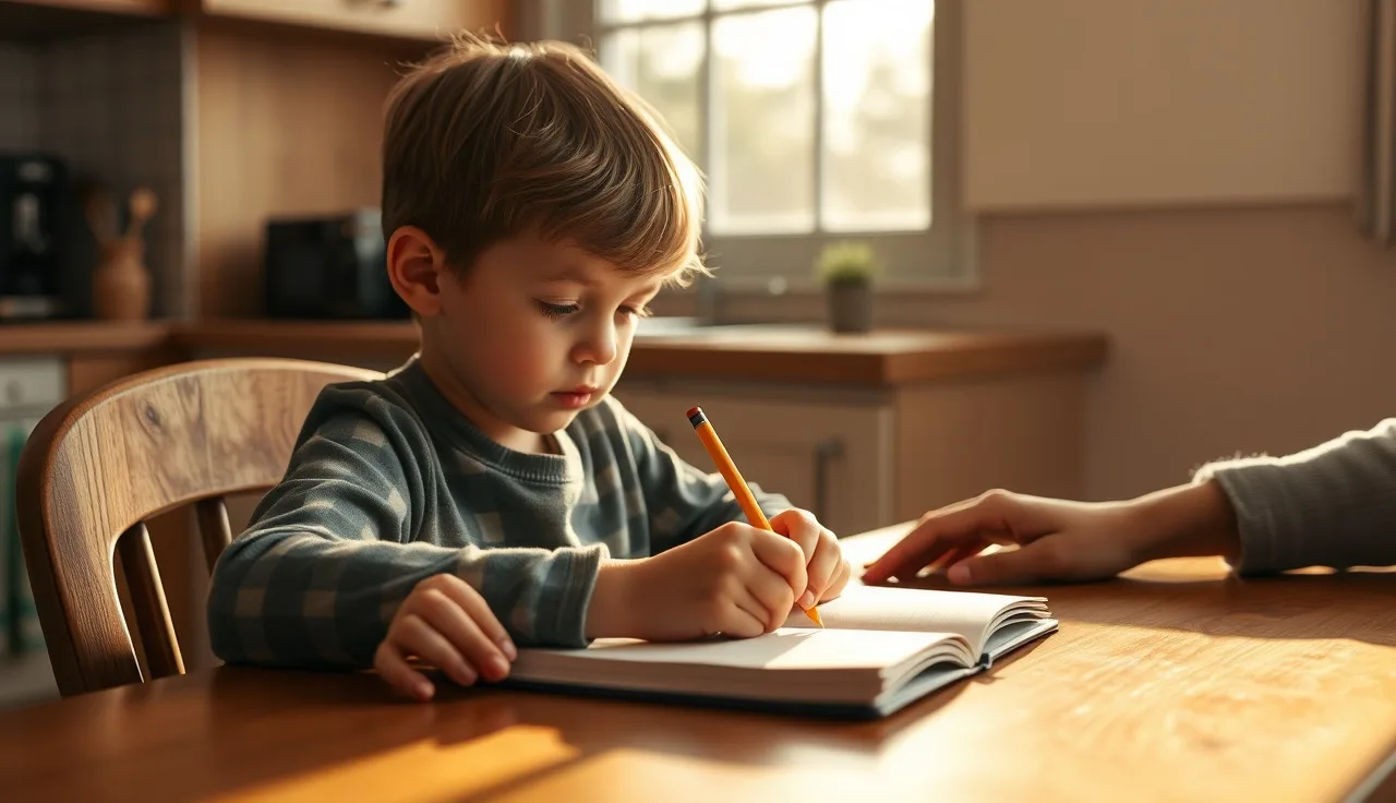 Young child concentrating at a kitchen table with a notebook while an adult sits nearby