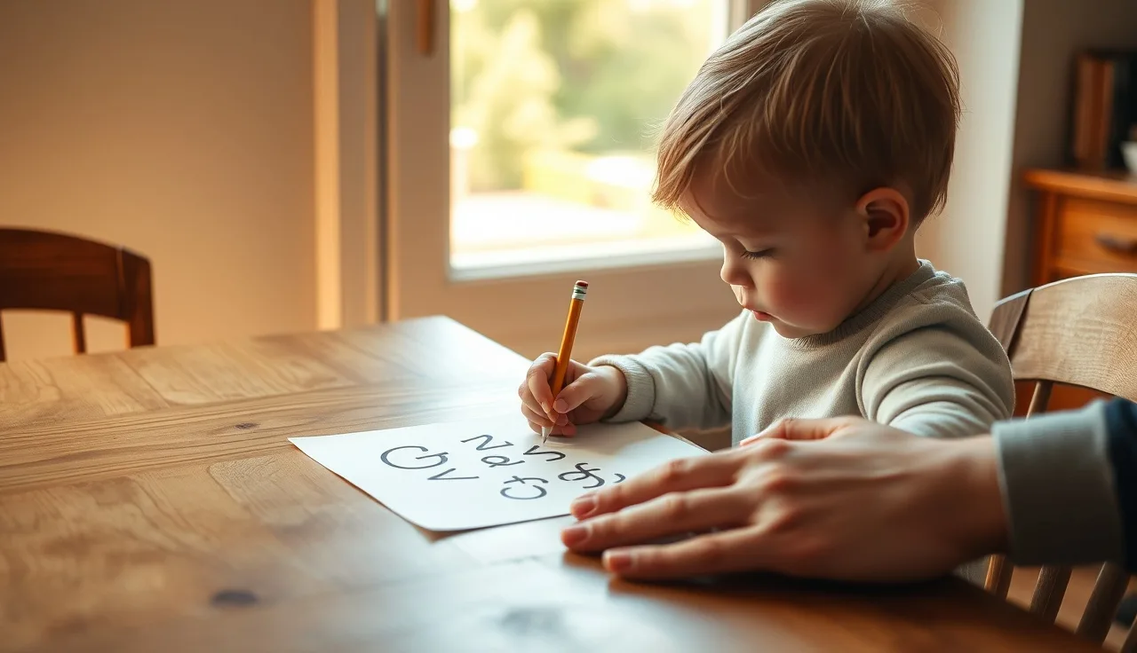Young child tracing letters at a kitchen table with an adult nearby