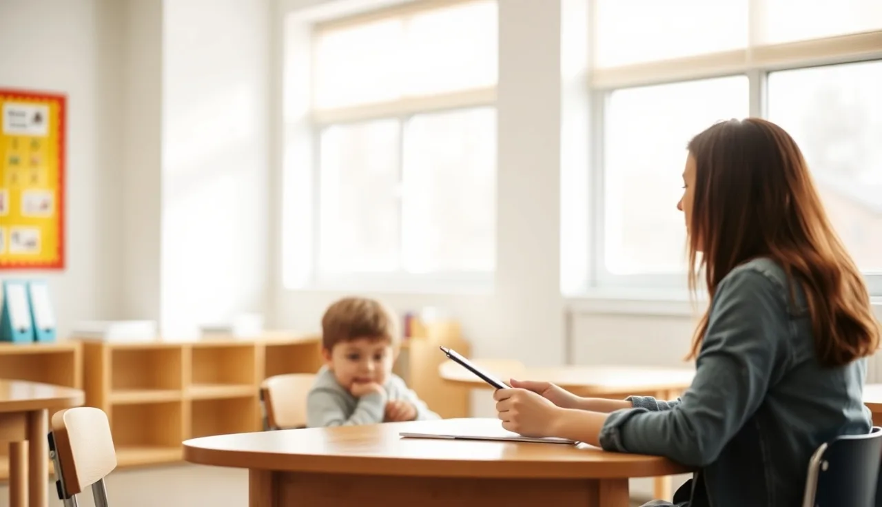 Young child and educator at a table during an early literacy screening session