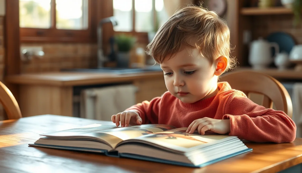 Young child studying an open book at a kitchen table, expression focused and uncertain