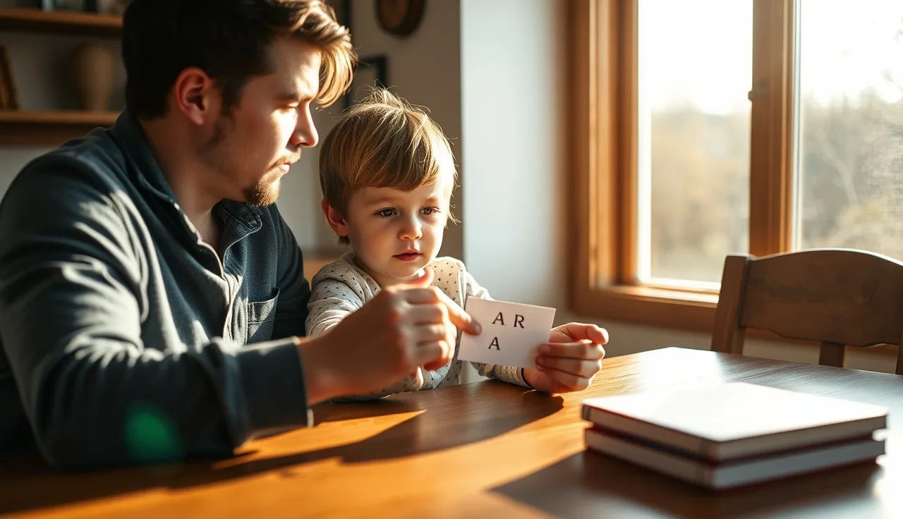 Child and tutor working with letter cards at a sunny wooden table