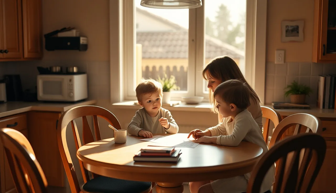 Mother and child reviewing school accommodation paperwork at a kitchen table