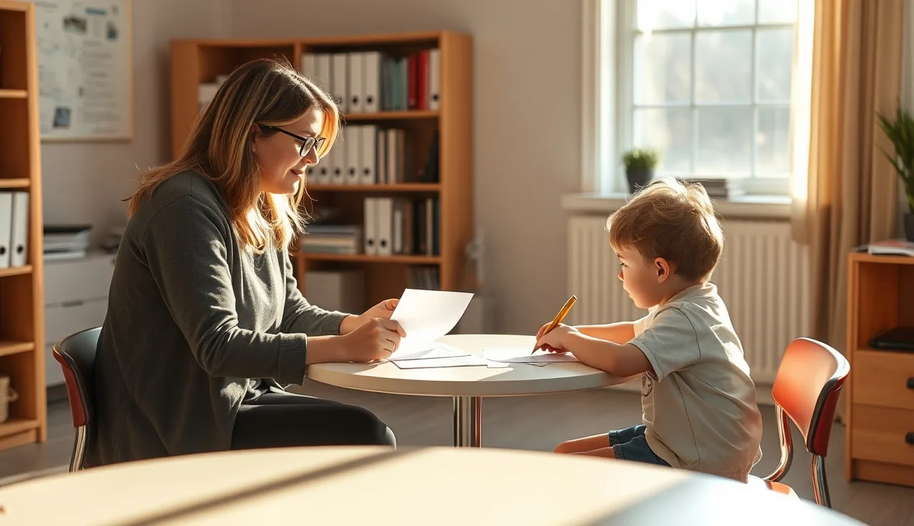 School counselor and child reviewing a behavior support plan together at a small table