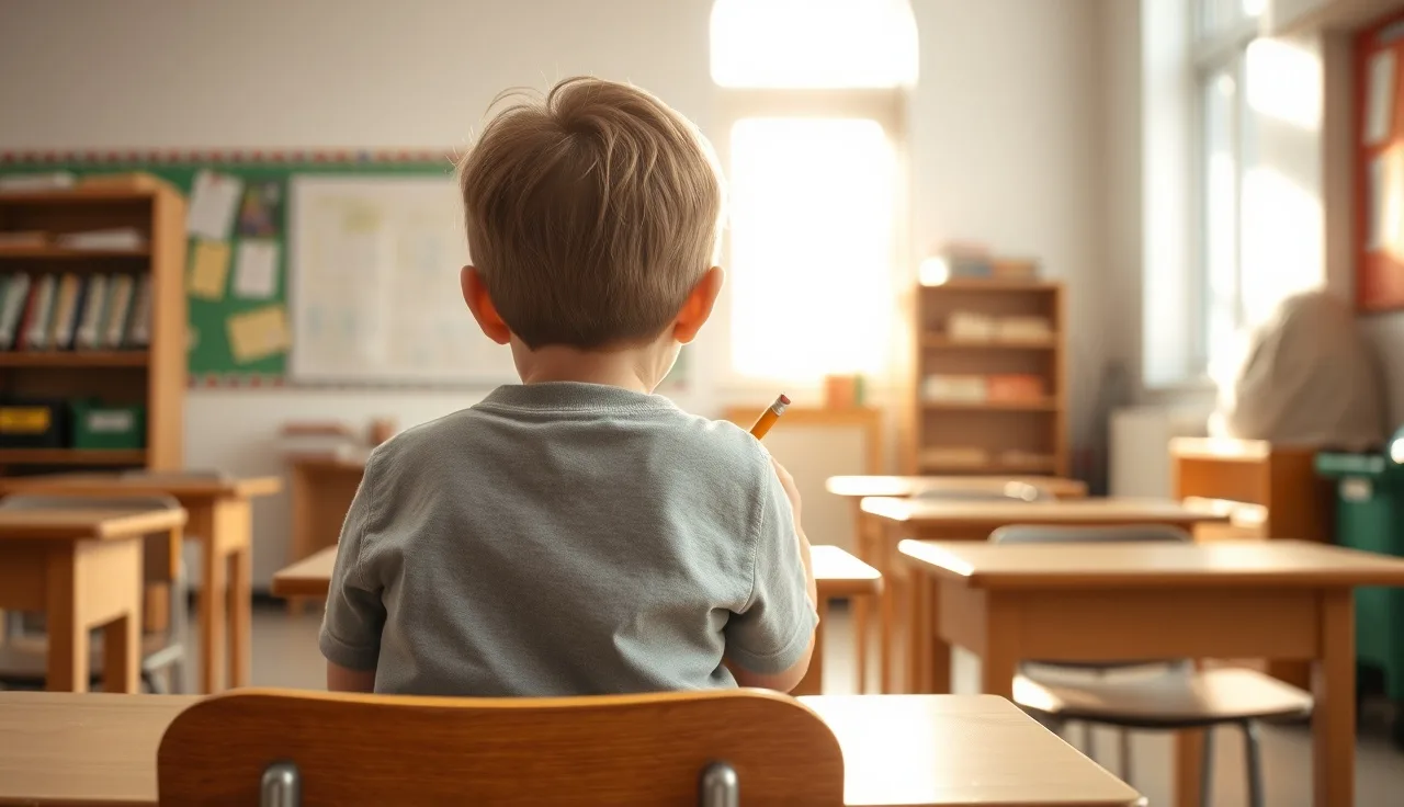 Child working alone at a school desk in a quiet sunlit classroom