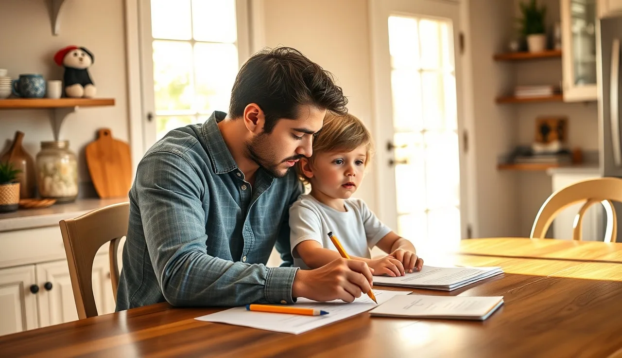 Parent and child reviewing papers at a sunlit kitchen table in Arizona home