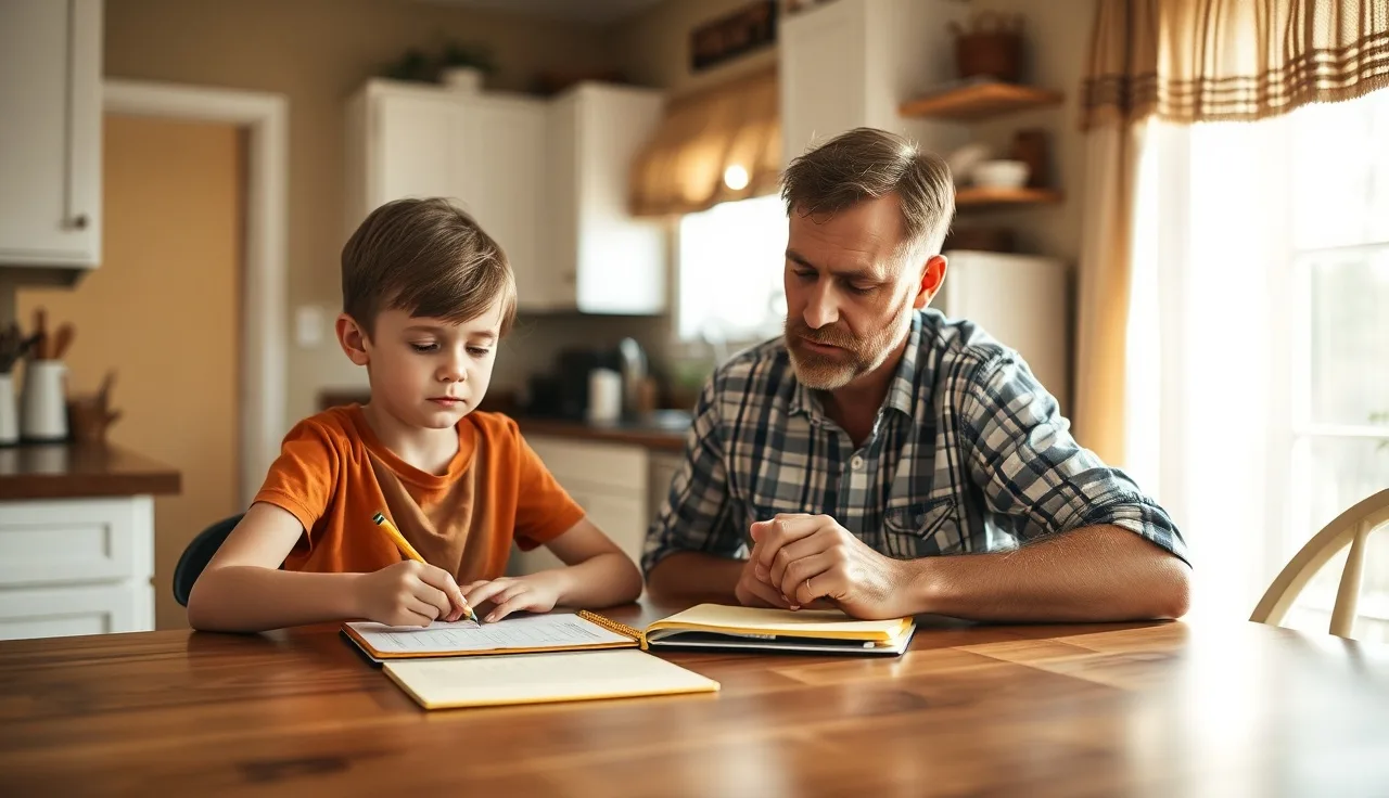 Parent and child reviewing school accommodation notes at a kitchen table