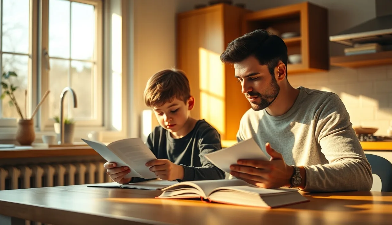 Parent and child at kitchen table reviewing school documents together in morning light