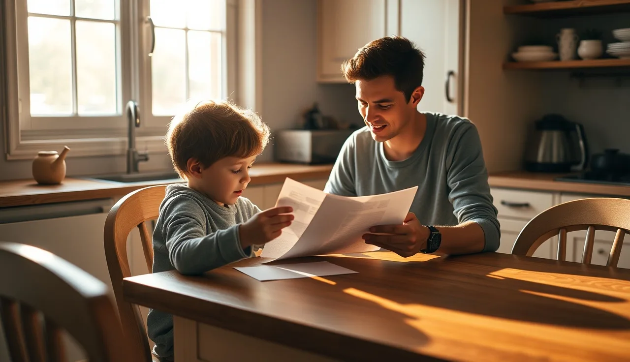 Parent and child reviewing school accommodation documents at a kitchen table