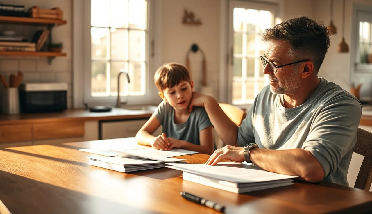 Parent and child sitting together at kitchen table reviewing school accommodation papers