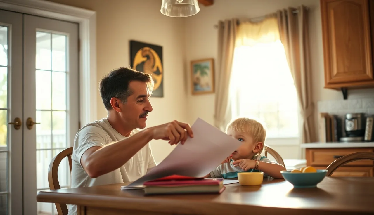 Parent and child reviewing school accommodation paperwork at a sunny Florida kitchen table