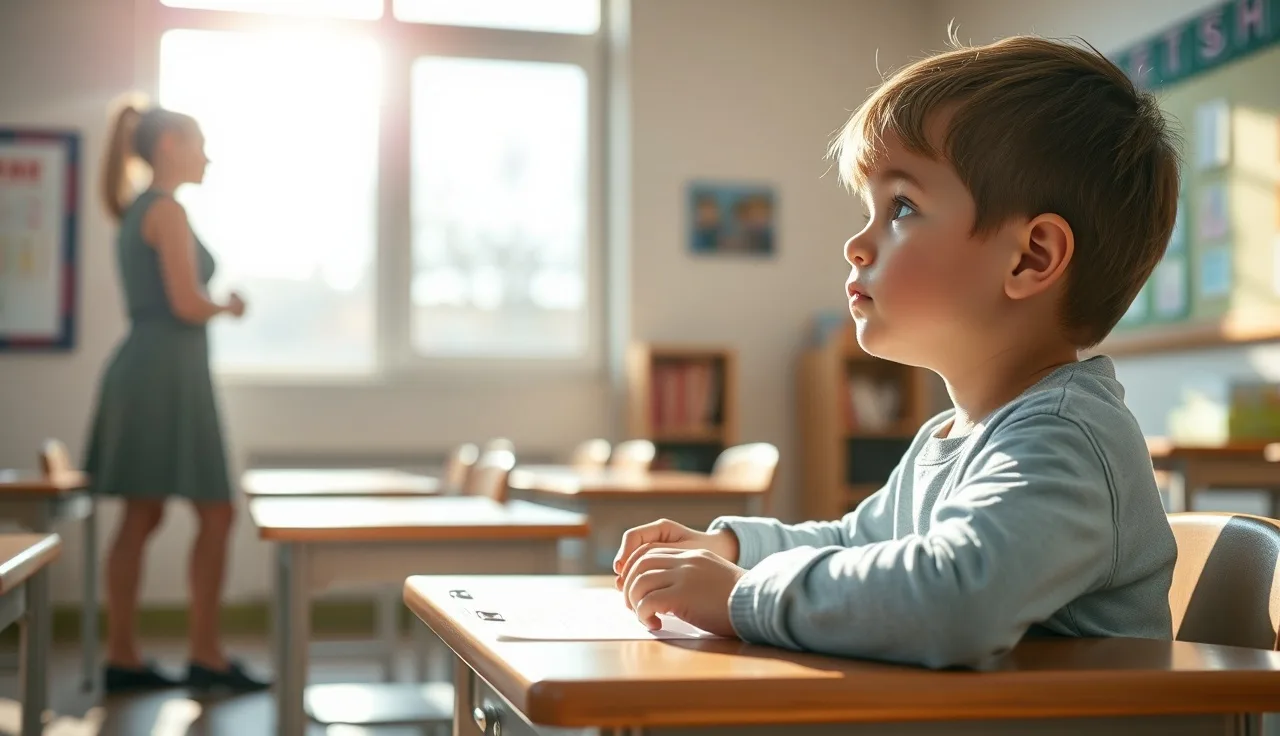 Child at a school desk looking up at a teacher, afternoon classroom light