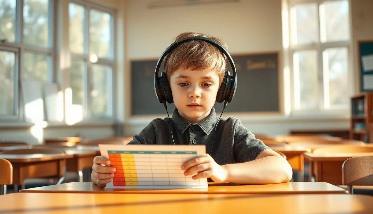 Autistic child wearing headphones at school desk with visual schedule card