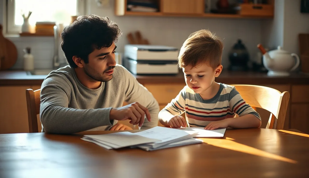 Parent and child reviewing school papers at a kitchen table in morning light
