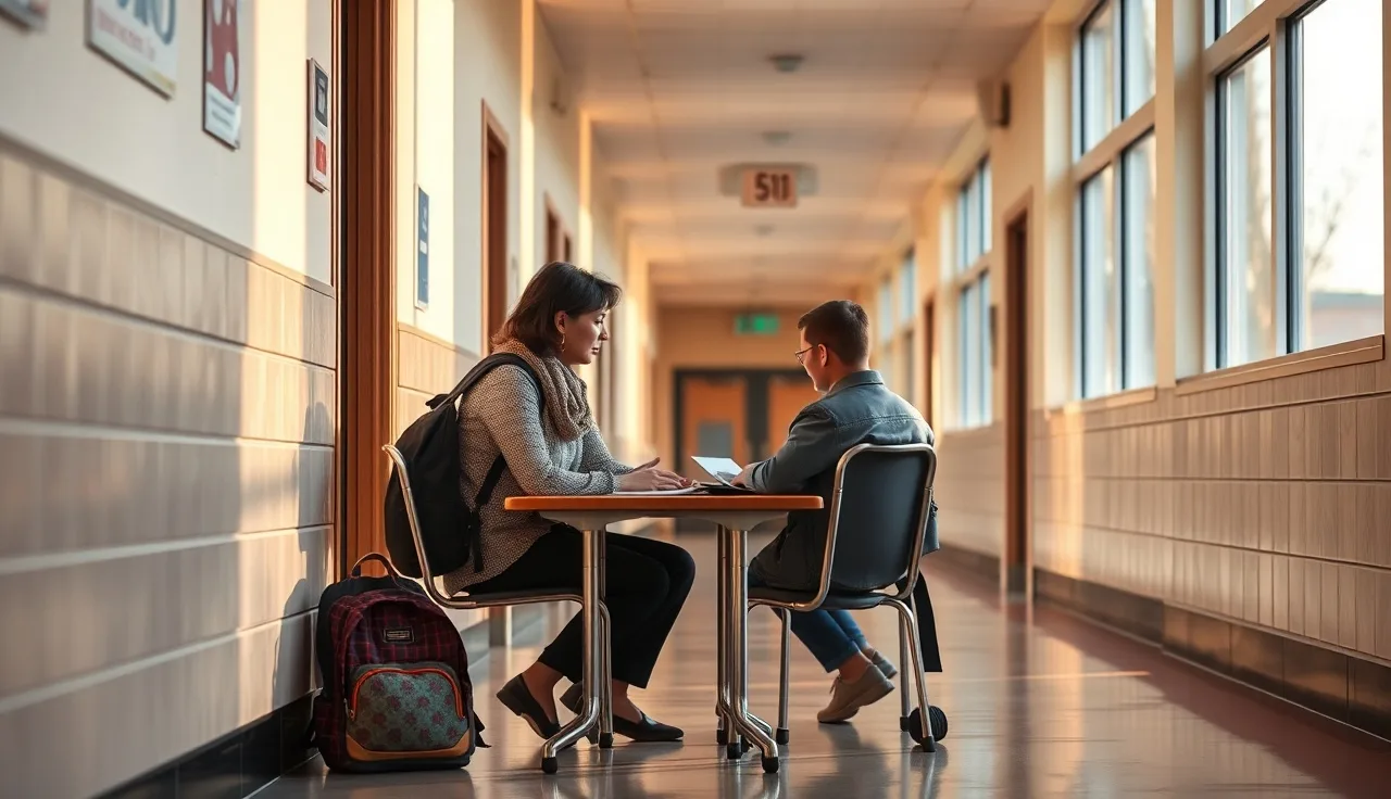 Parent and school administrator meeting in a sunlit elementary school hallway