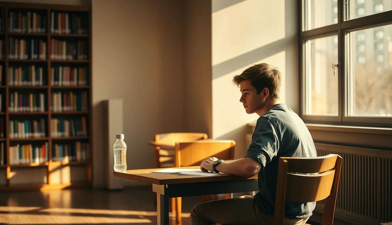 College student studying alone at a sunlit library desk, representing disability accommodations