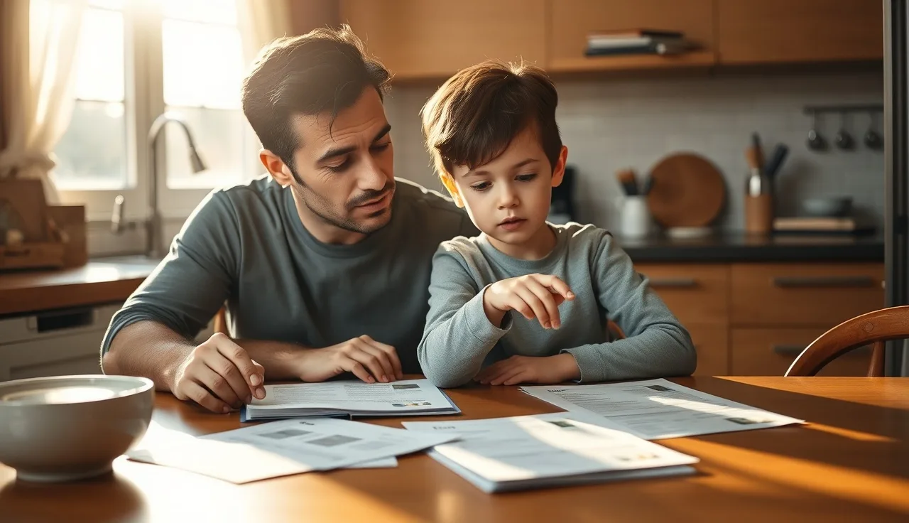 Parent and child reviewing school accommodation papers at a kitchen table