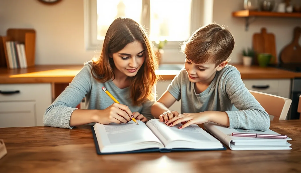 Mother helping young child with schoolwork at a sunlit kitchen table