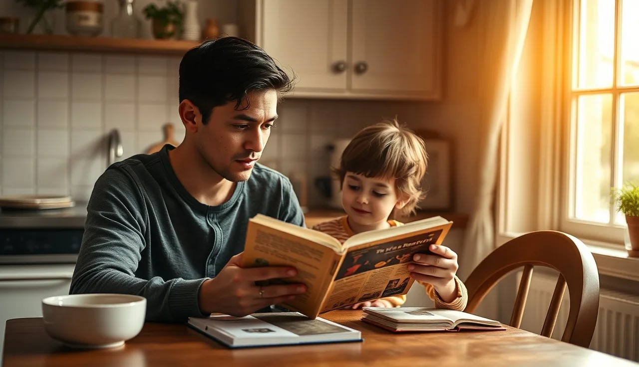 Parent listening to child reading aloud at kitchen table, morning light
