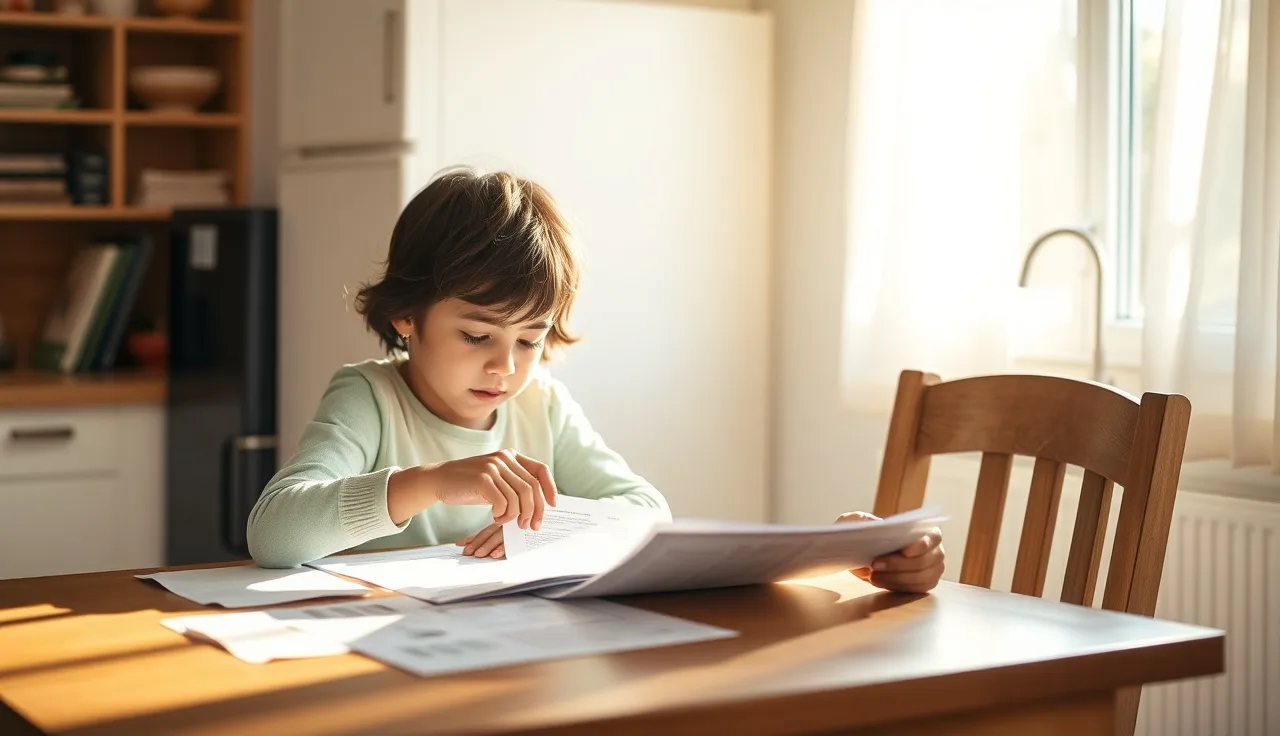 Parent and child reviewing school documents together at a kitchen table