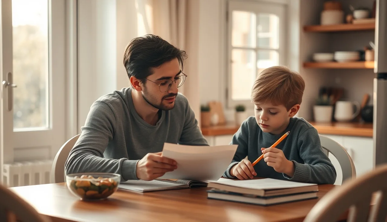 Parent and child at kitchen table reviewing school papers for a 504 plan meeting