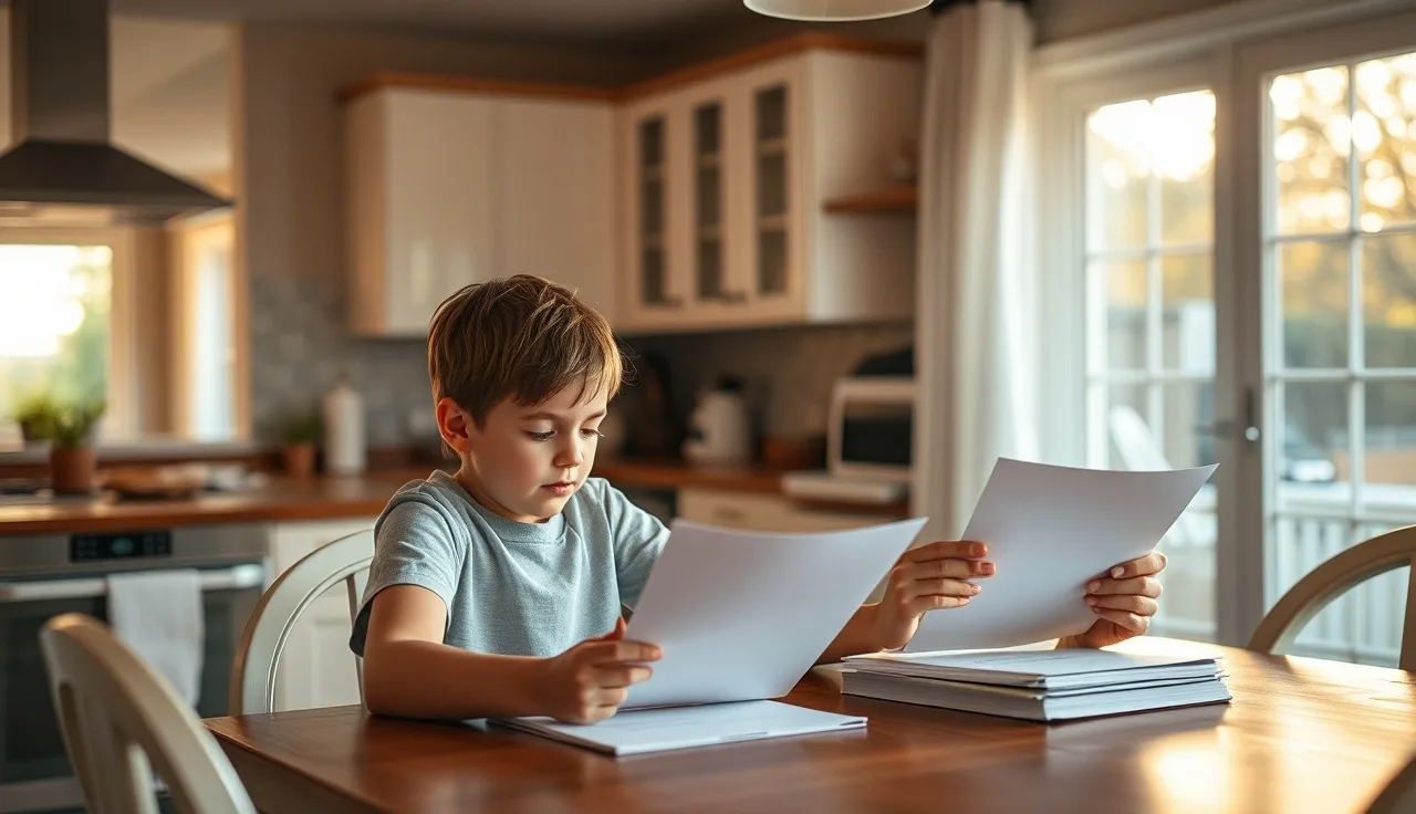 Parent and child reviewing school accommodation papers at a kitchen table