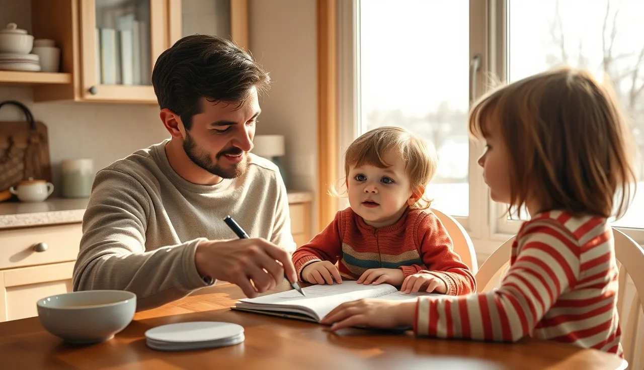 Parent and child reviewing school accommodation notes at kitchen table in Minnesota winter