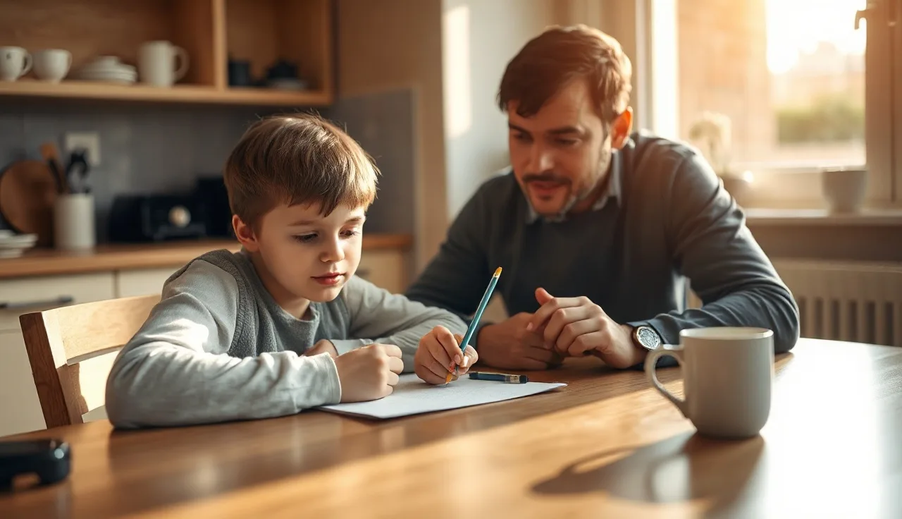 Parent and child working together at a kitchen table in morning light