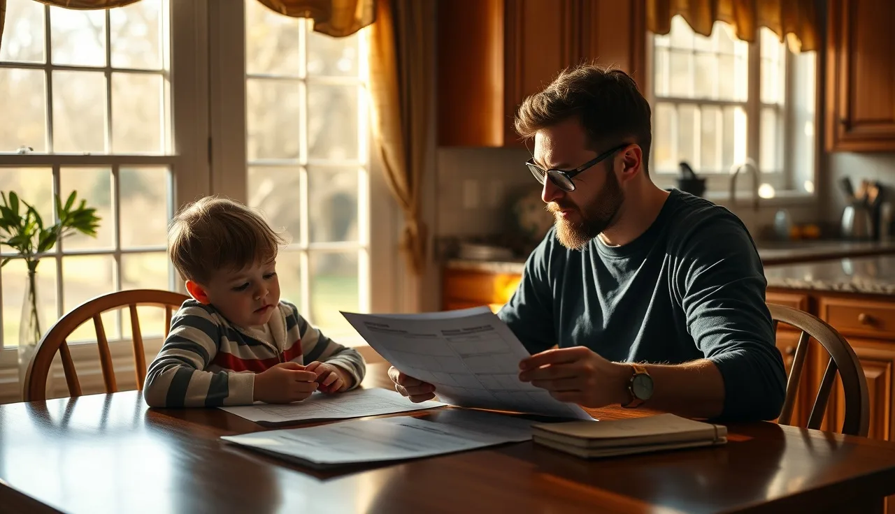 Parent reviewing school accommodation papers with child at kitchen table