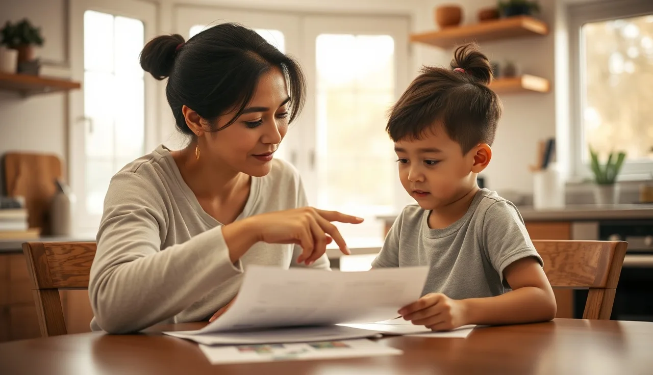 Parent and child at kitchen table reviewing school documents in morning light