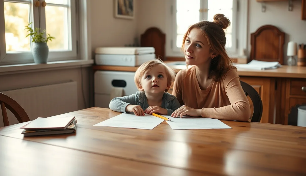 Mother and child reviewing school documents at a kitchen table in Oregon home