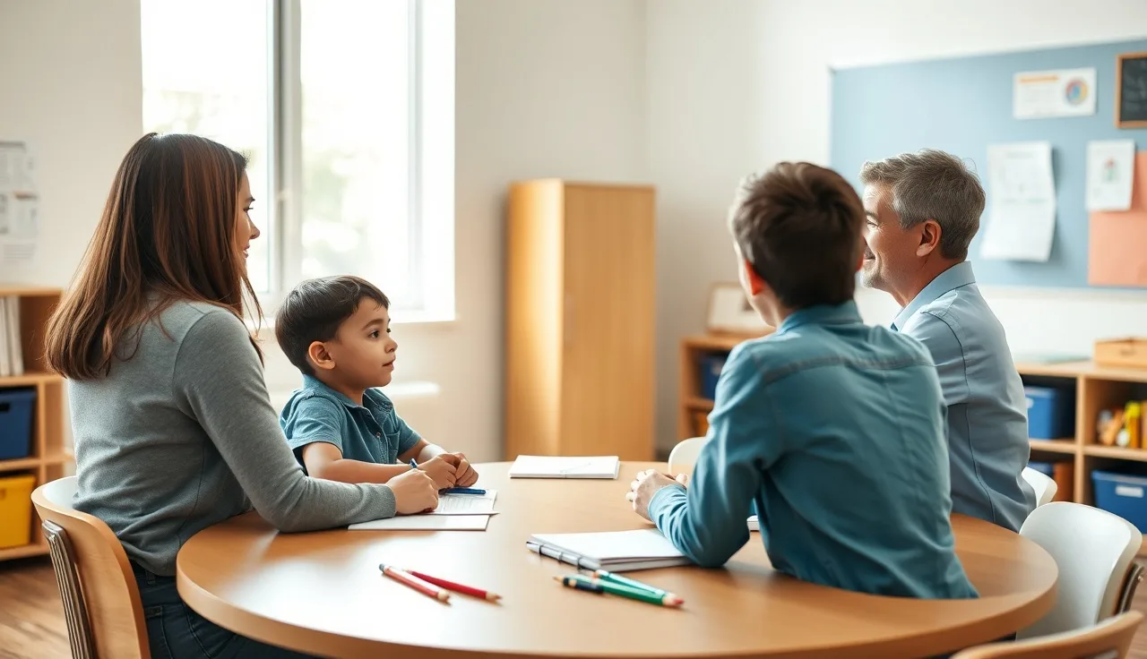 Parent and child meeting with school staff at a table discussing a 504 plan