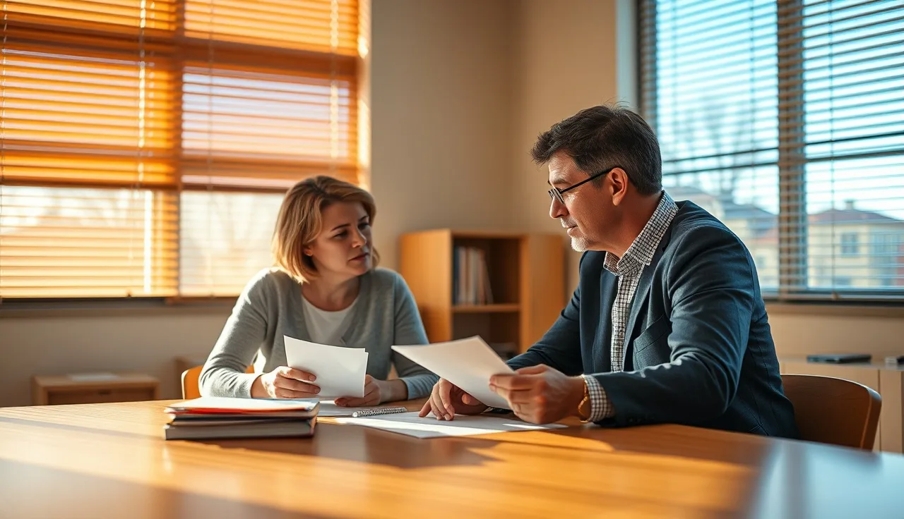 Parent and school administrator reviewing a 504 plan document at a conference table