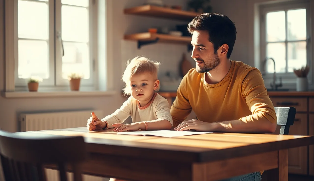 Parent and child reviewing school documents at a kitchen table in morning light