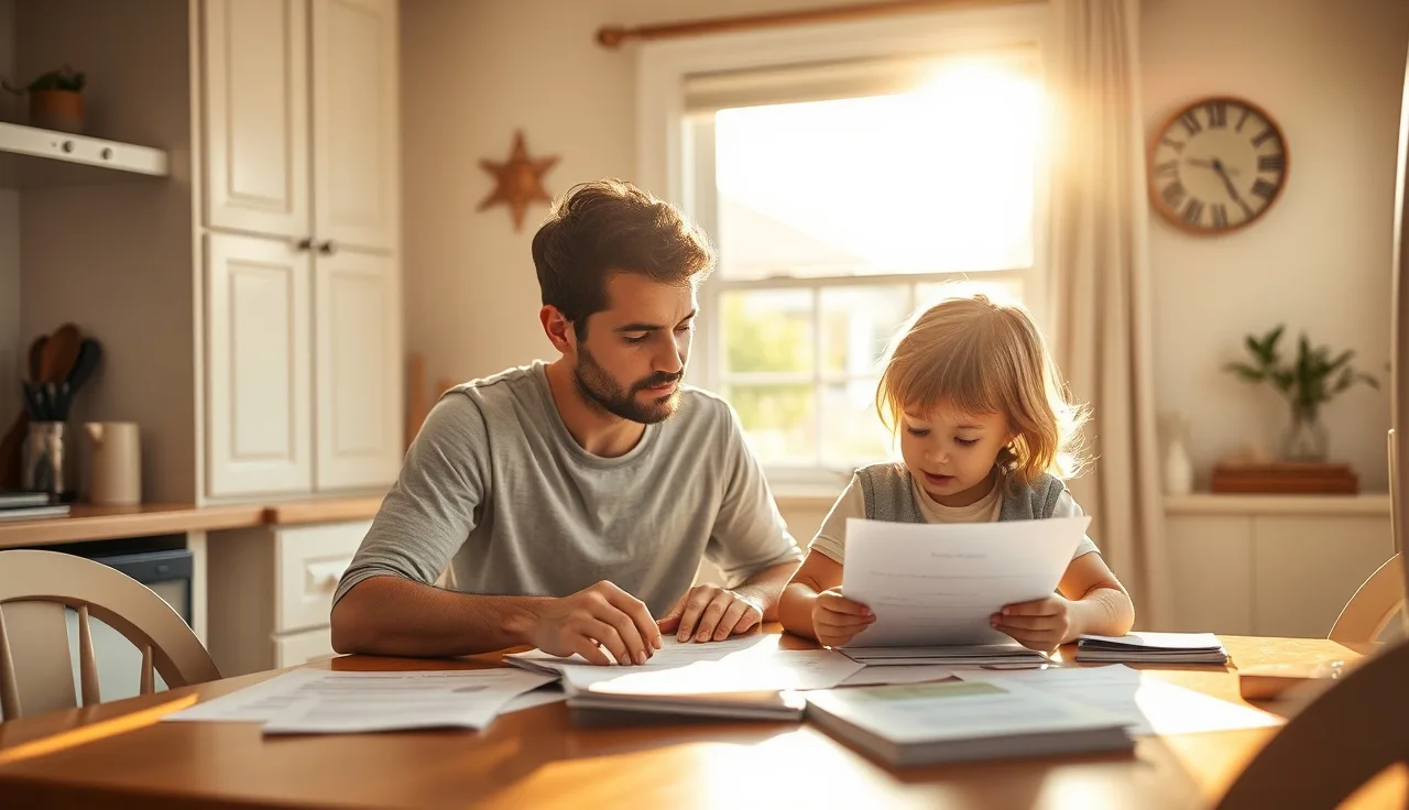 Parent and child reviewing school paperwork together at a bright kitchen table
