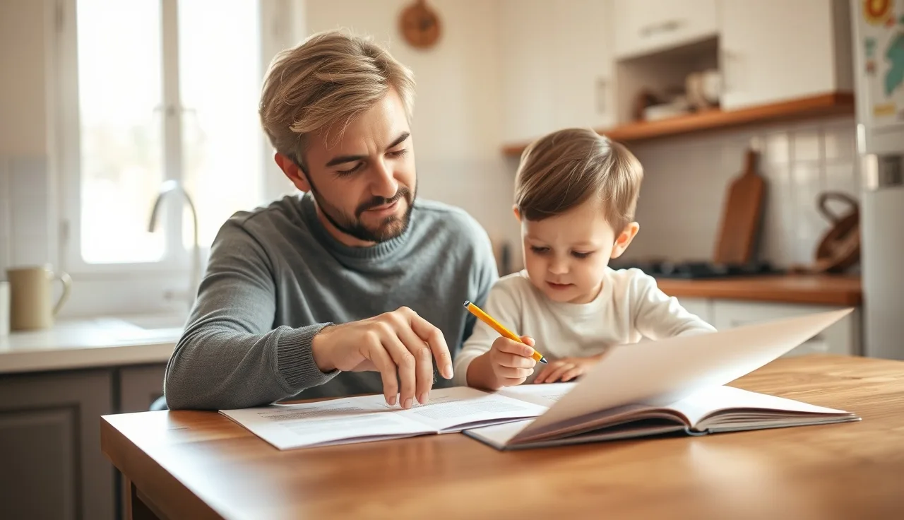 Parent and child at a kitchen table reviewing school paperwork together