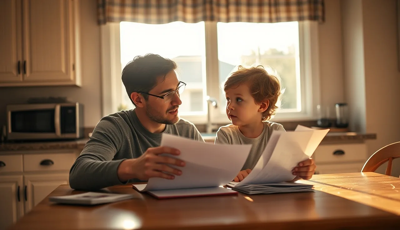 Parent and child reviewing school documents at a kitchen table in afternoon light
