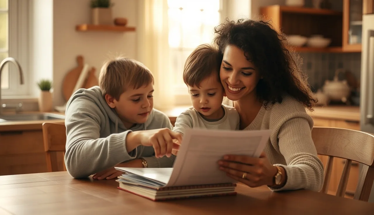 Parent and child reviewing school documents together at a kitchen table