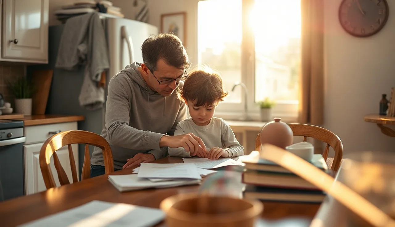 Parent and child reviewing school papers together at kitchen table