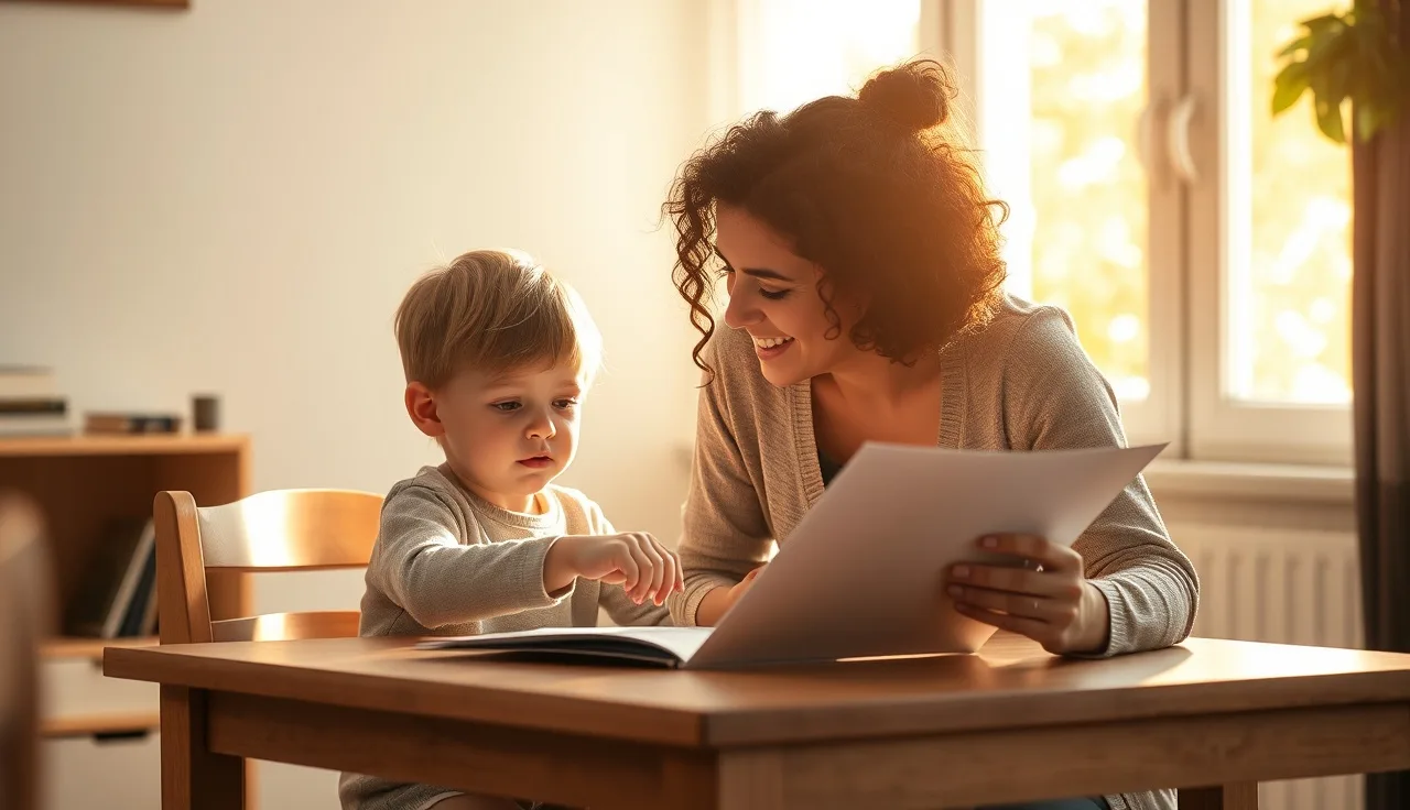 Child and adult working together at a desk with printed learning materials
