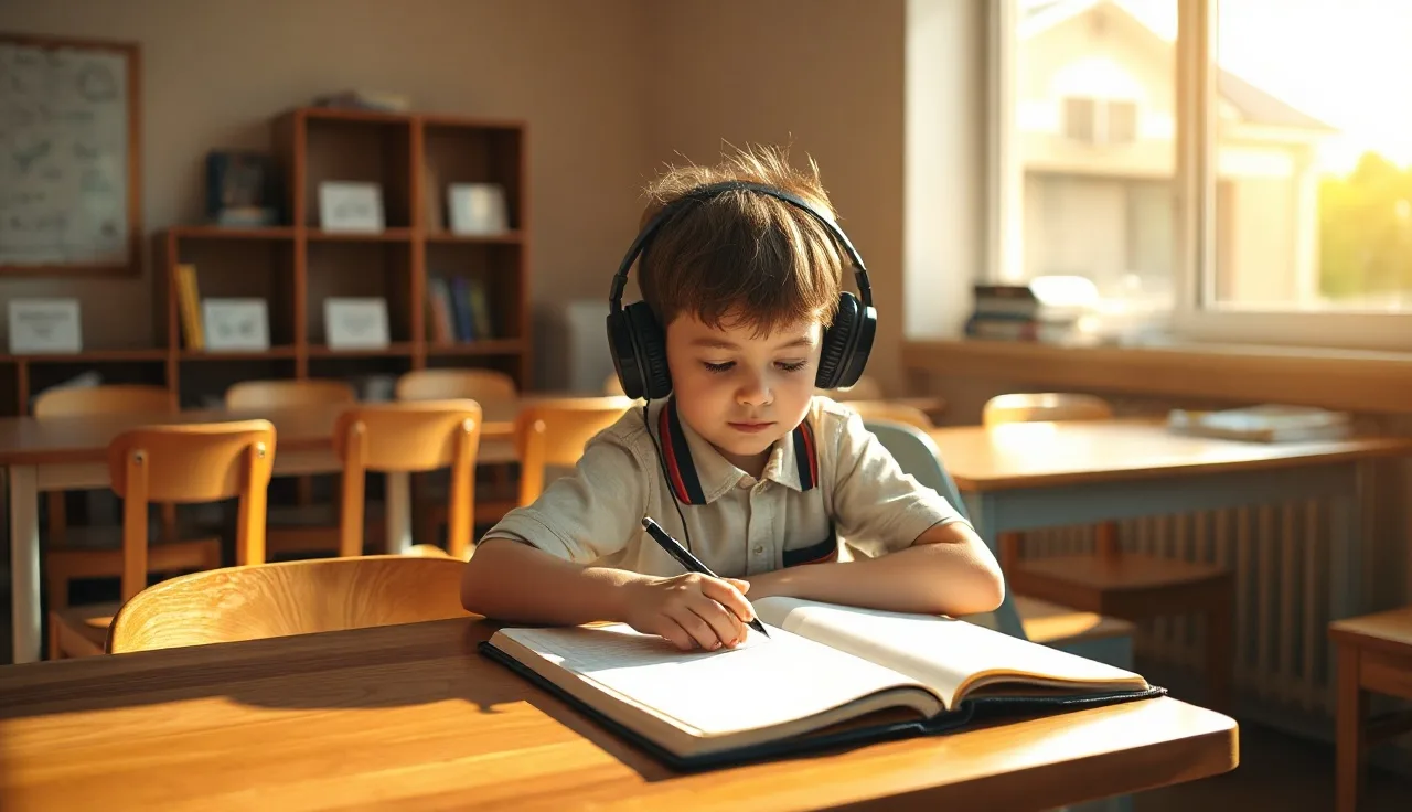 Child wearing headphones at a quiet school desk using audio accommodations